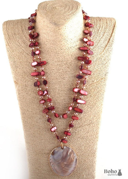 Boho Necklace, RH Pink Rose Crystal Shell